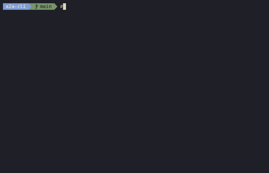Single-terminal demo: a2a version, then a server built from a script with --exec, then card get, send, and a streamed reply.